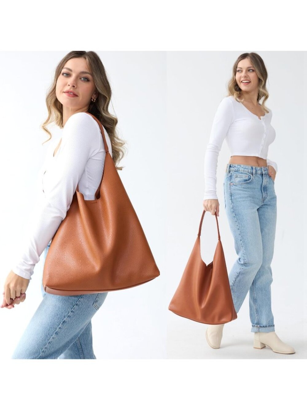 Women's Orange Brown Soft Vegan Leather Hobo Shoulder Bag Slouchy Tote Purse - Picture 2 of 7